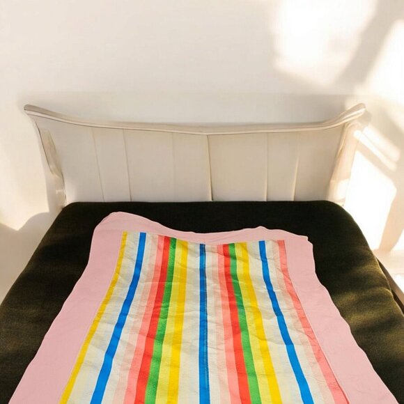 Vintage 60s 70s Rainbow Quilted Twin Full Size Coverlet Pink 66 X 80 Striped - Picture 2 of 10